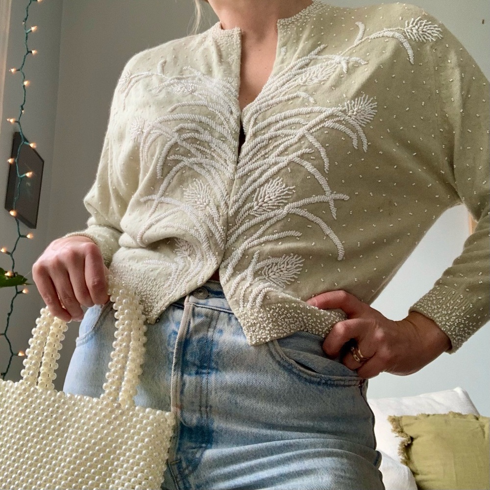 Vintage Cashmere Embroidered Cardigan, Size M, Mint Green